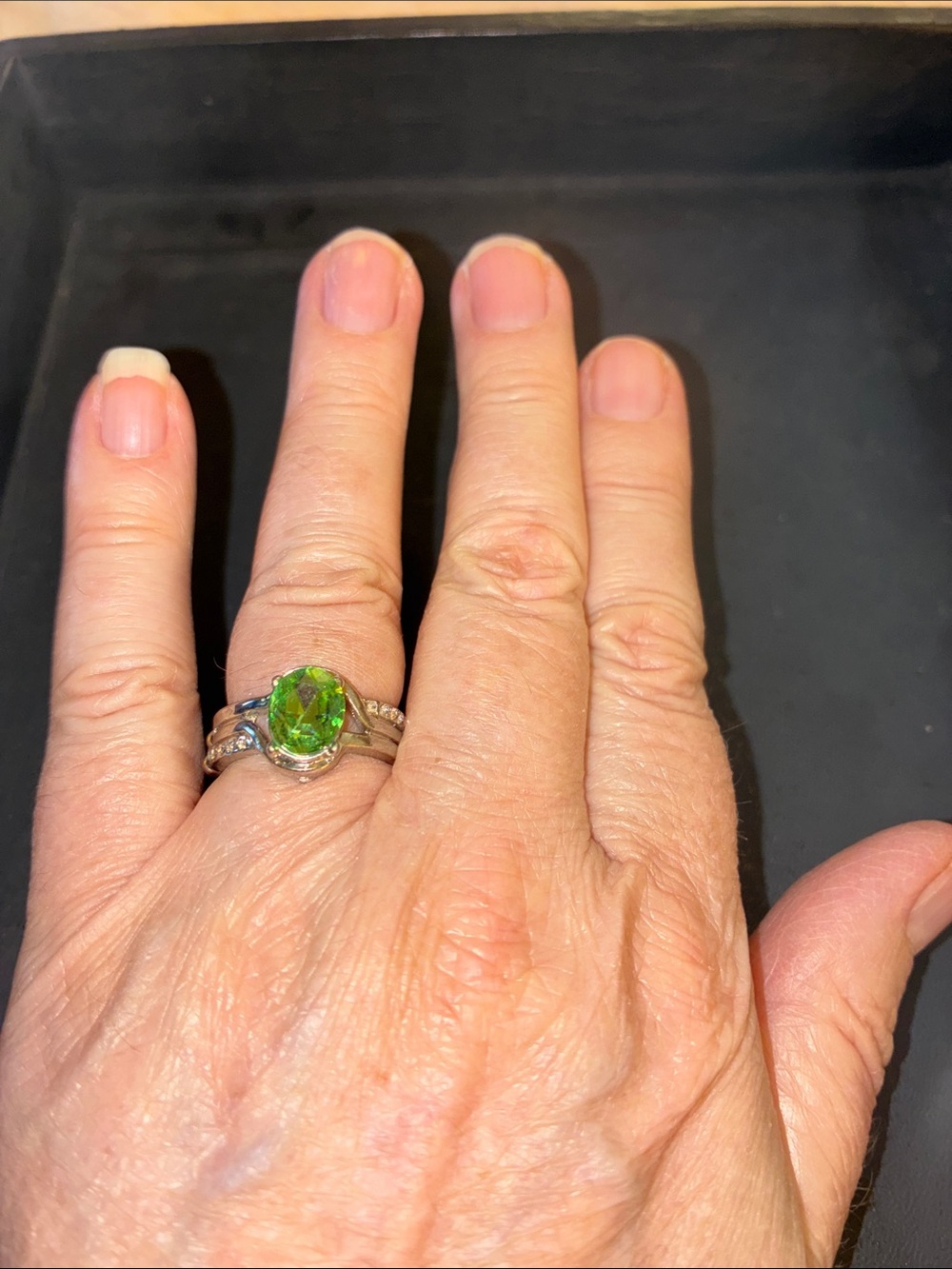 Silver-Tone Stretch Ring with Oval Green Gemstone